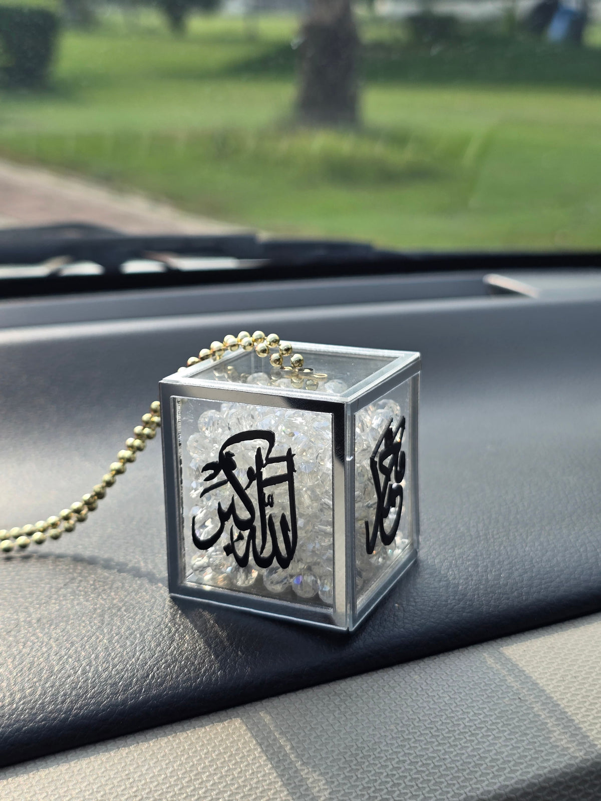 Transparent Acrylic Cube Car Hanging – Crystal Stones with Allah & Muhammad (PBUH) Calligraphy & Silver Outlines