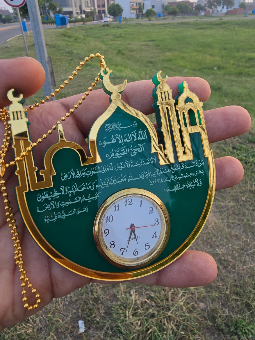 Premium Islamic Car Hanging with Mini Clock – Ayat-ul-Kursi, Safar Ki Dua & Darood Sharif