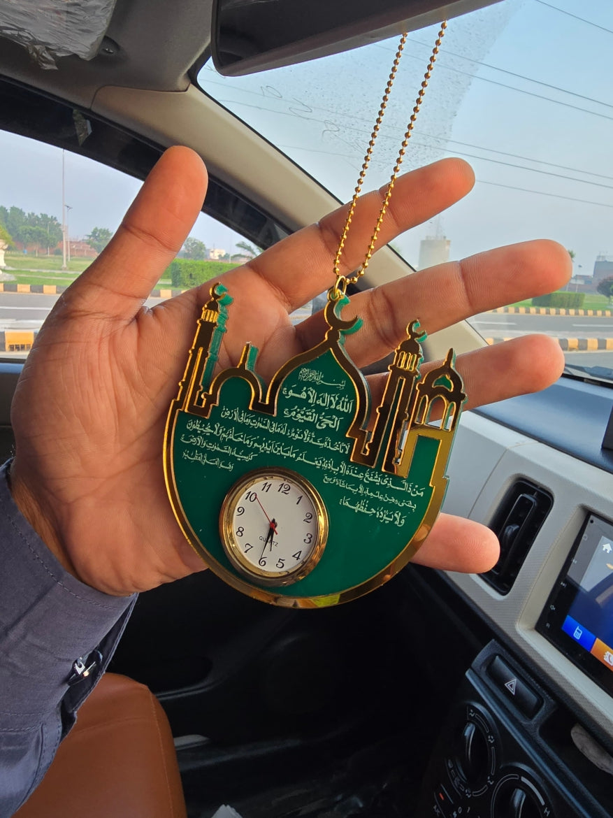 Premium Islamic Car Hanging with Mini Clock – Ayat-ul-Kursi, Safar Ki Dua & Darood Sharif