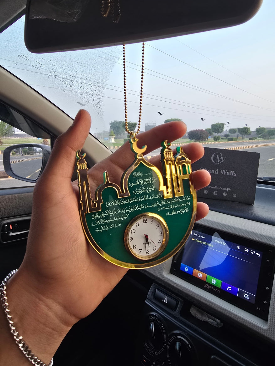 Premium Islamic Car Hanging with Mini Clock – Ayat-ul-Kursi, Safar Ki Dua & Darood Sharif