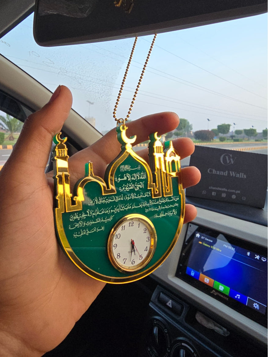 Premium Islamic Car Hanging with Mini Clock – Ayat-ul-Kursi, Safar Ki Dua & Darood Sharif