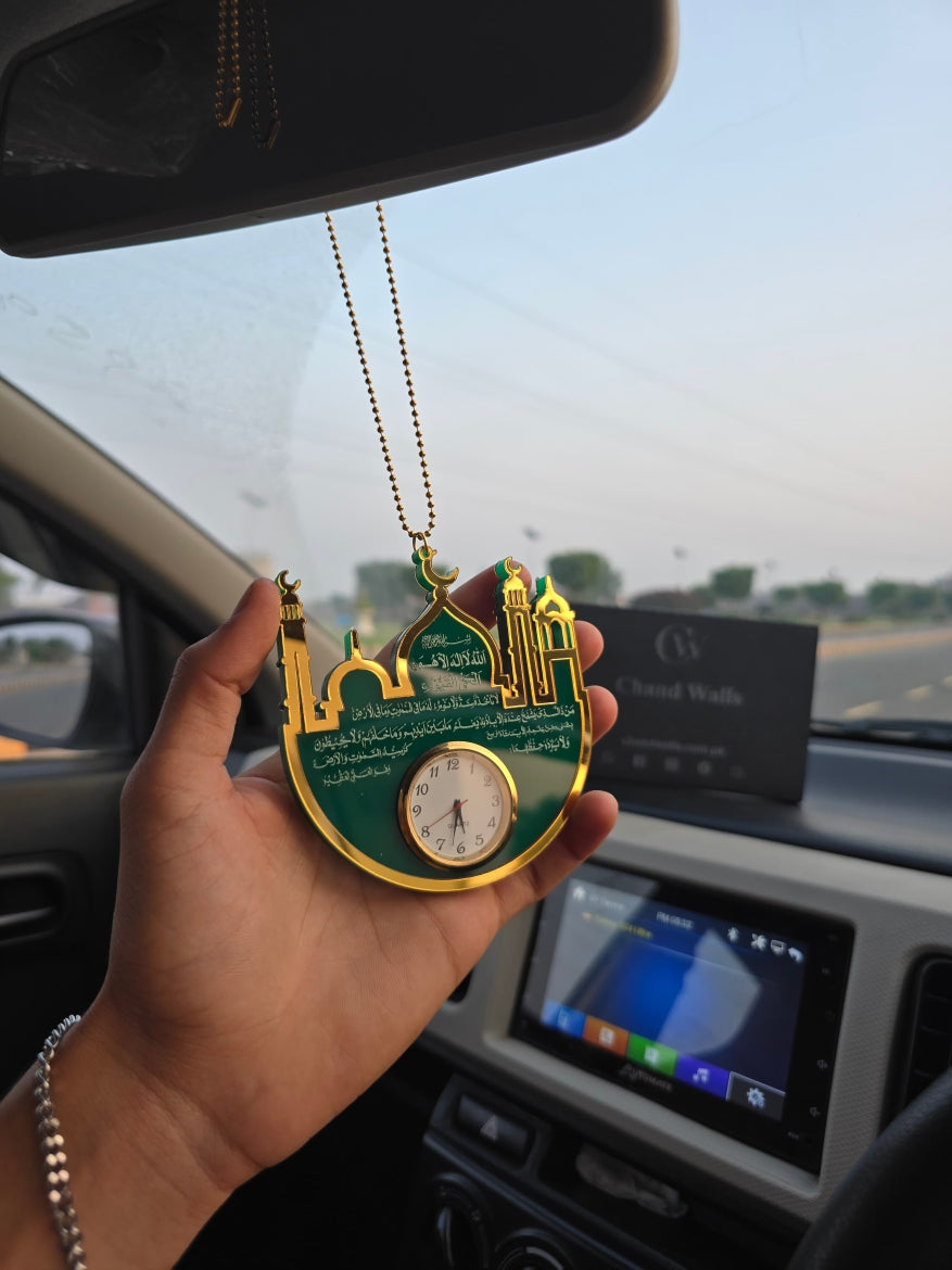 Premium Islamic Car Hanging with Mini Clock – Ayat-ul-Kursi, Safar Ki Dua & Darood Sharif