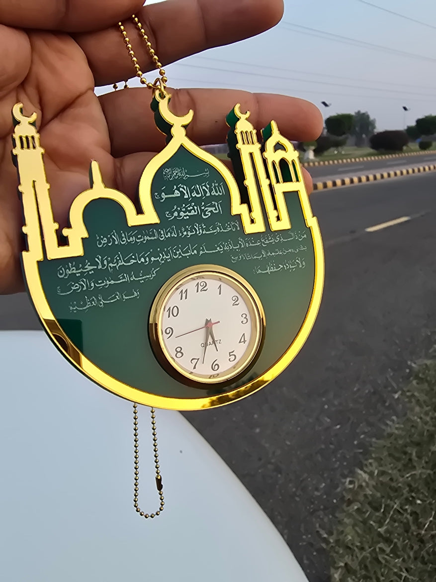 Premium Islamic Car Hanging with Mini Clock – Ayat-ul-Kursi, Safar Ki Dua & Darood Sharif