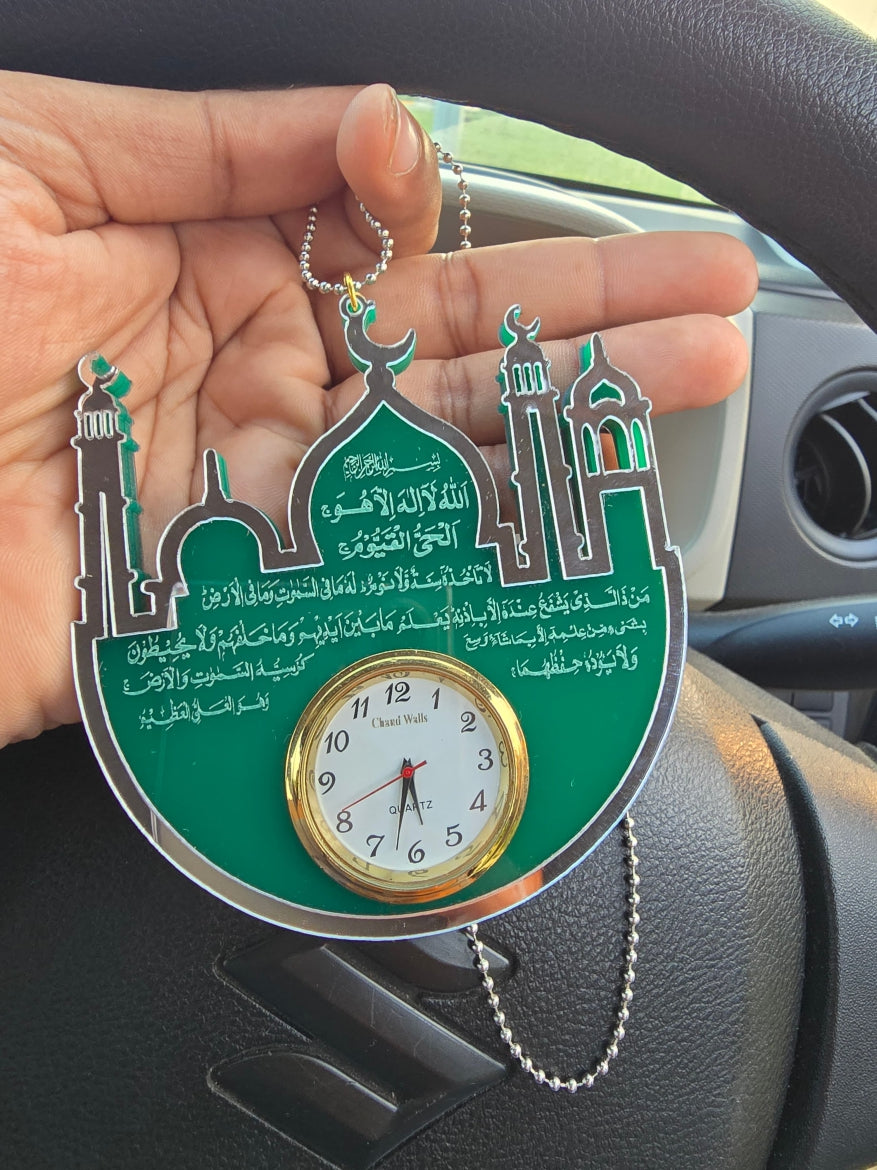 Premium Islamic Car Hanging with Mini Clock – Ayat-ul-Kursi, Safar Ki Dua & Darood Sharif