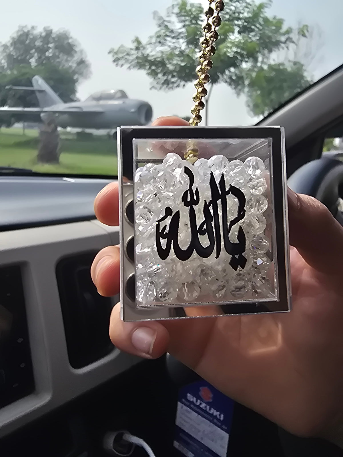 Transparent Acrylic Cube Car Hanging – Crystal Stones with Allah & Muhammad (PBUH) Calligraphy & Silver Outlines