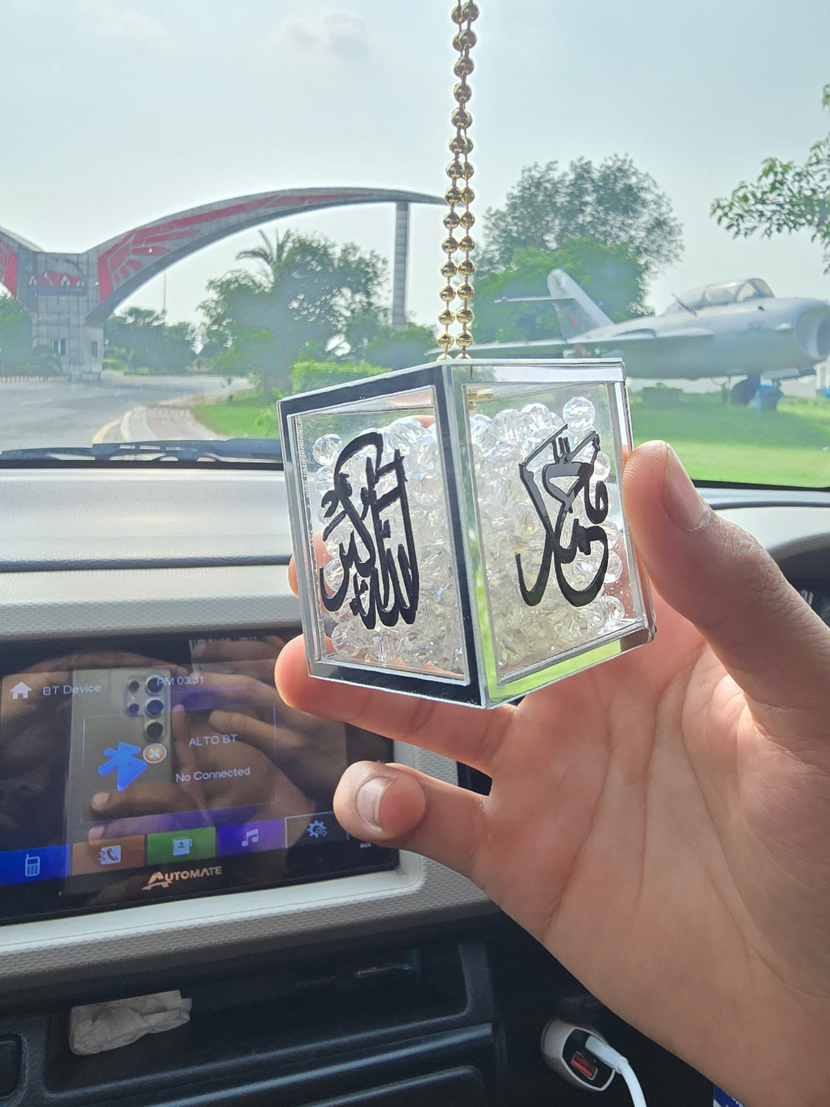 Transparent Acrylic Cube Car Hanging – Crystal Stones with Allah & Muhammad (PBUH) Calligraphy & Silver Outlines