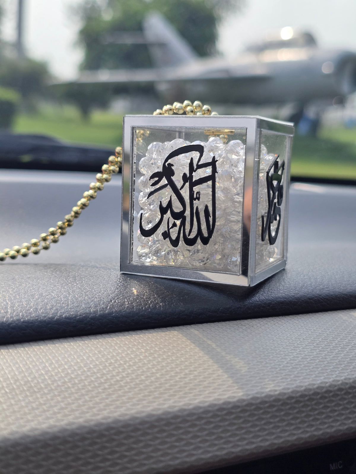 Transparent Acrylic Cube Car Hanging – Crystal Stones with Allah & Muhammad (PBUH) Calligraphy & Silver Outlines