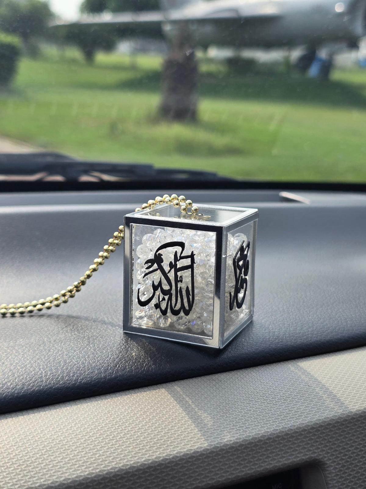 Transparent Acrylic Cube Car Hanging – Crystal Stones with Allah & Muhammad (PBUH) Calligraphy & Silver Outlines
