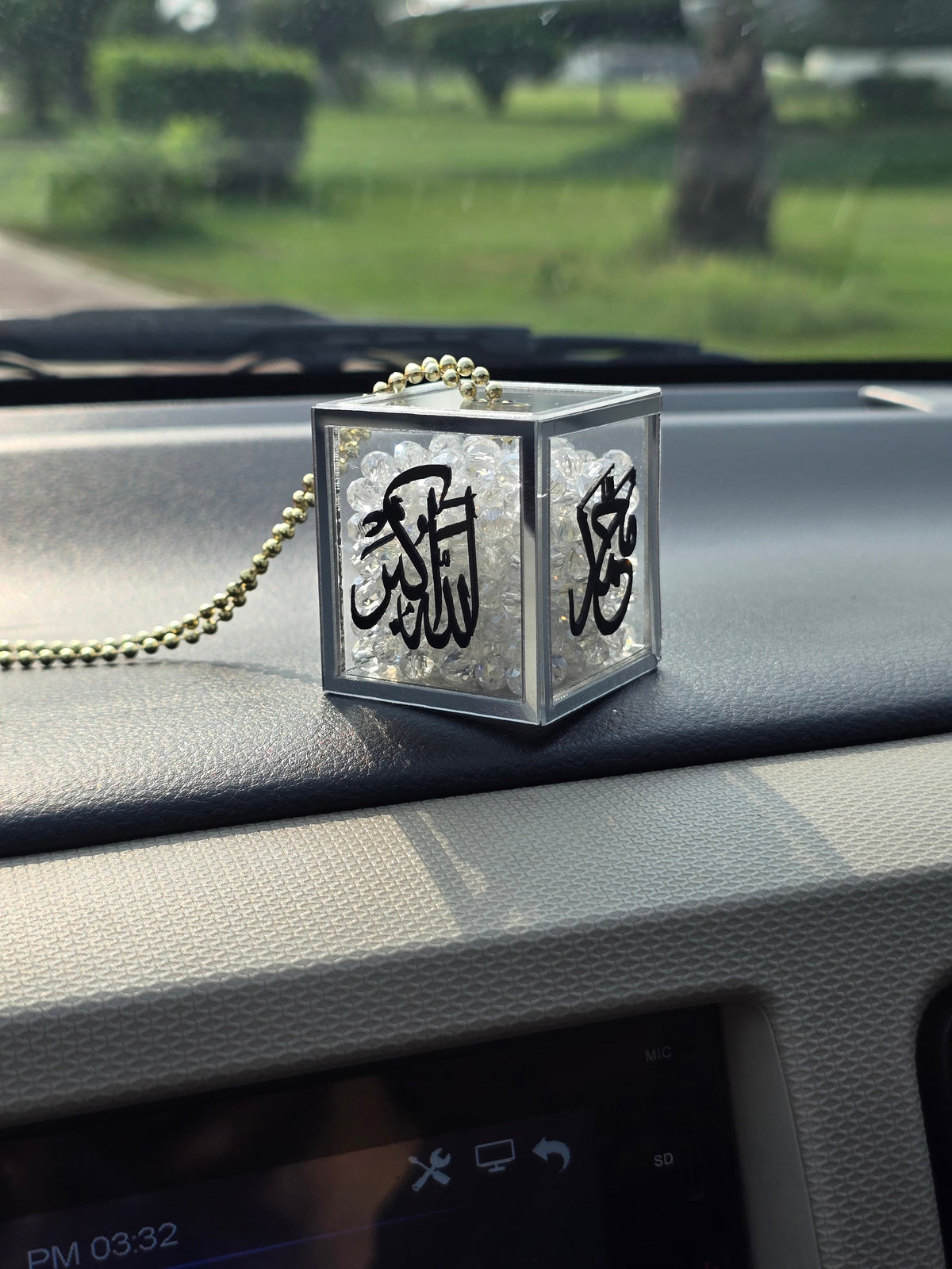 Transparent Acrylic Cube Car Hanging – Crystal Stones with Allah & Muhammad (PBUH) Calligraphy & Silver Outlines