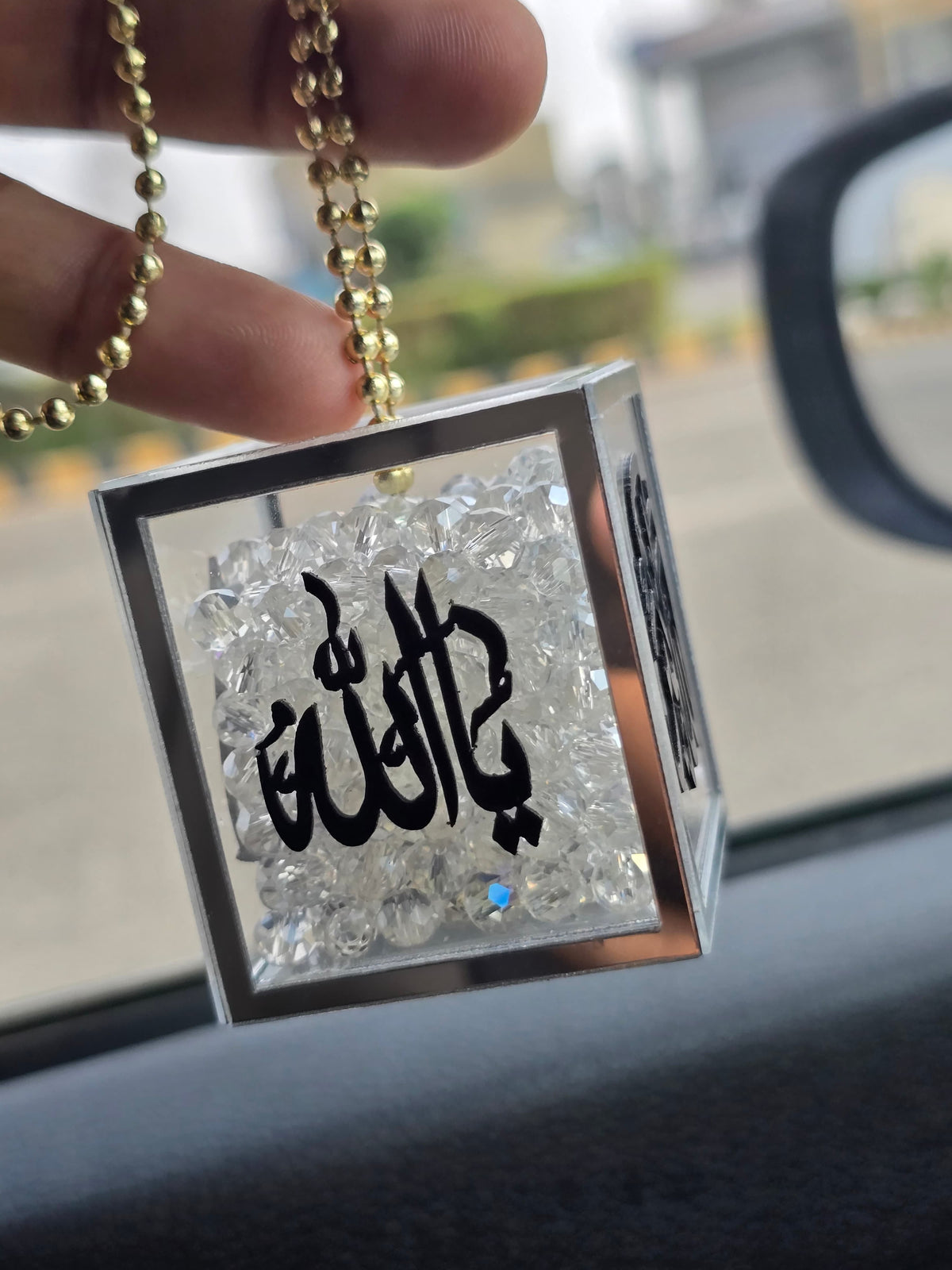 Transparent Acrylic Cube Car Hanging – Crystal Stones with Allah & Muhammad (PBUH) Calligraphy & Silver Outlines