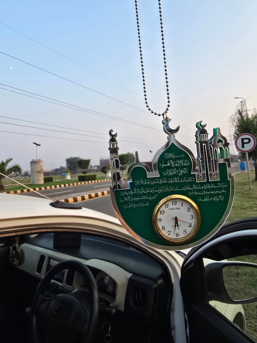 Premium Islamic Car Hanging with Mini Clock – Ayat-ul-Kursi, Safar Ki Dua & Darood Sharif