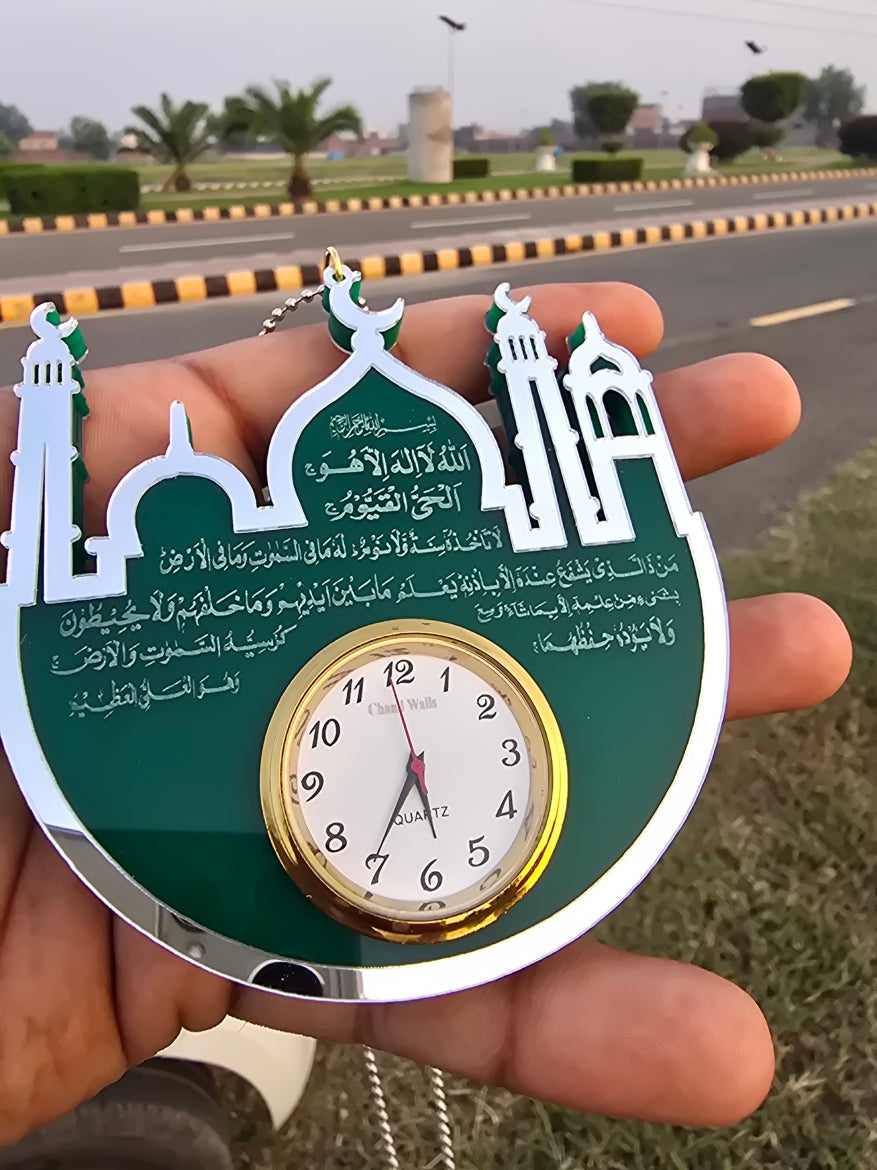 Premium Islamic Car Hanging with Mini Clock – Ayat-ul-Kursi, Safar Ki Dua & Darood Sharif
