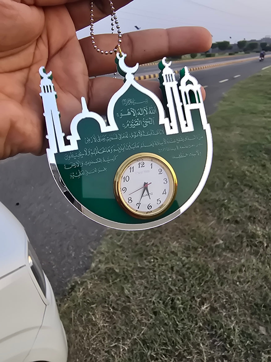 Premium Islamic Car Hanging with Mini Clock – Ayat-ul-Kursi, Safar Ki Dua & Darood Sharif
