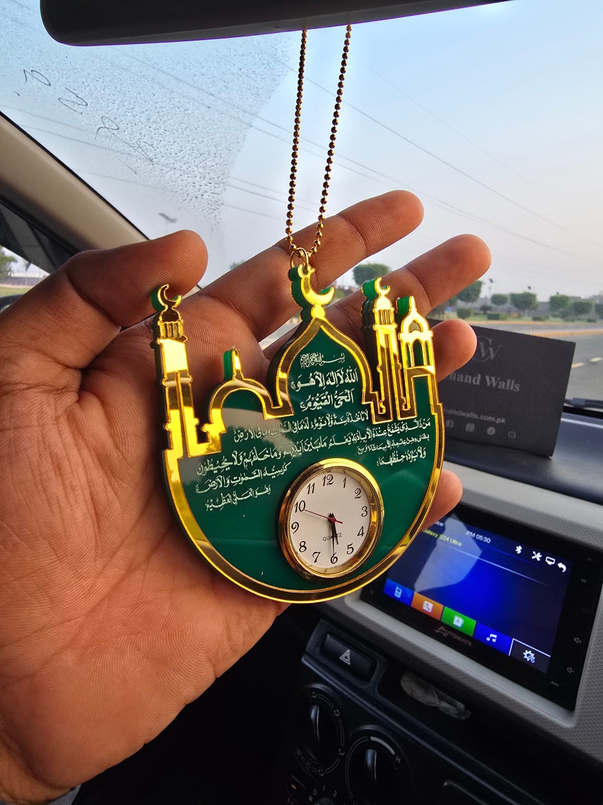 Premium Islamic Car Hanging with Mini Clock – Ayat-ul-Kursi, Safar Ki Dua & Darood Sharif