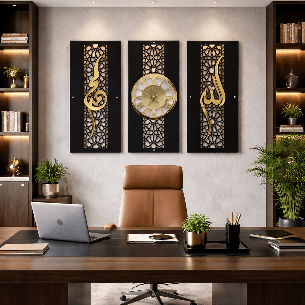 Set of 3 Islamic wall frames with Allah, Muhammad SAW and Kaaba calligraphy - laser cut wall art